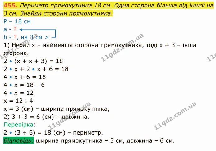 455. Периметр прямокутника 18 см. Одна сторона більша від іншої на 3 см. Знайди сторони прямокутника. — ГДЗ Математика 4 клас Заїка