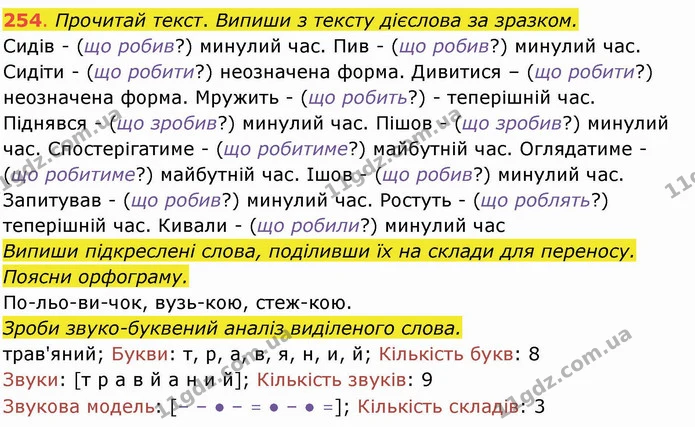 254. Прочитай текст. Випиши з тексту дієслова за зразком. Сидів - (що робив?) минулий час. Пив - (що робив?) минулий час. Сидіти - (що — ГДЗ Українська мова та читання 4 клас Захарійчук