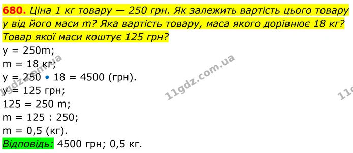 680. Ціна 1 кг товару — 250 грн. Як залежить вартість цього товару у від його маси m? Яка вартість товару, маса якого дорівнює 18 кг? — ГДЗ Алгебра 7 клас Бевз