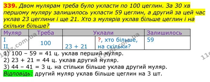 339. Двом мулярам треба було укласти по 100 цеглин. За 30 хв першому муляру залишилось укласти 59 цеглин, а другий за цей час уклав 23 — ГДЗ Математика 3 клас Лишенко (1, 2 частина)