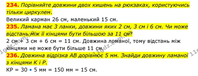 234. Порівняйте довжини двох кишень на рюкзаках, користуючись тільки циркулем. — ГДЗ Математика 5 клас Бевз
