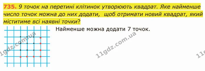 735. 9 точок на перетині клітинок утворюють квадрат. Яке найменше число точок можна до них додати, щоб отримати новий квадрат, який — ГДЗ Математика 4 клас Оляницька
