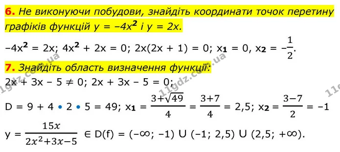 6. Не виконуючи побудови, знайдіть координати точок перетину графіків функцій у = –4х2 і у = 2х. — ГДЗ Алгебра 9 клас Істер
