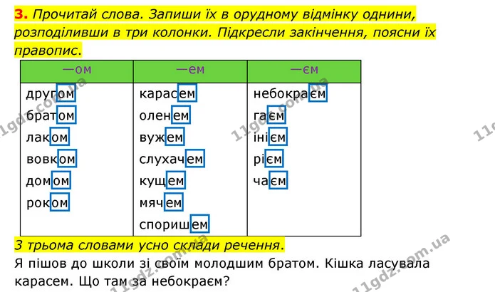 3. Прочитай слова. Запиши їх в орудному відмінку однини, розподіливши в три колонки. Підкресли закінчення, поясни їх правопис. — ГДЗ Українська мова 4 клас Чабайовська