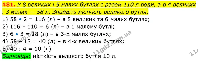 481. У 8 великих і 5 малих бутлях є разом 110 л води, а в 4 великих і 3 малих — 58 л. Знайдіть місткість великого бутля. — ГДЗ Математика 6 клас Кравчук 2023