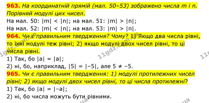 963. На координатній прямій (мал. 50–53) зображено числа m і n. Порівняй модулі цих чисел. — ГДЗ Математика 6 клас Істер 2023 1-2 ч.