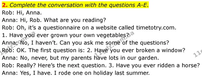 2. Complete the conversation with the questions A-E. — ГДЗ робочий зошит Англійська мова 7 клас Prepare