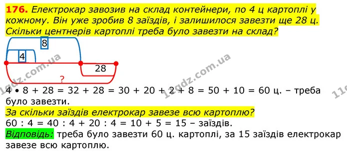 176. Електрокар завозив на склад контейнери, по 4 ц картоплі у кожному. Він уже зробив 8 заїздів, і залишилося завезти ще 28 ц. Скільки — ГДЗ Математика 3 клас Лишенко (1, 2 частина)