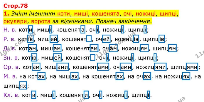 1. Зміни іменники коти, миші, кошенята, очі, ножиці, щипці, — ГДЗ Робочий зошит Українська мова 4 клас Большакова
