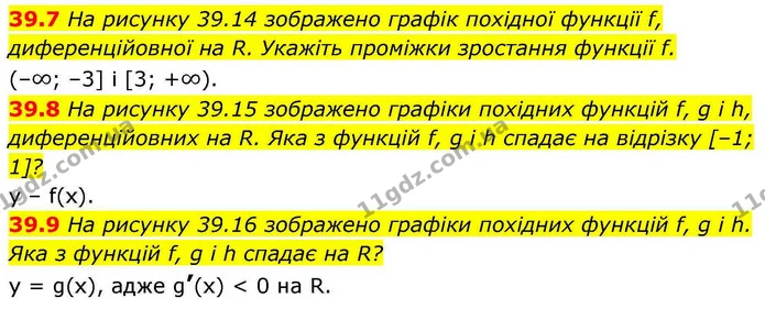 39.7 На рисунку 39.14 зображено графік похідної функції f, диференційовної на R. Укажіть проміжки зростання функції f. — ГДЗ Алгебра 10 клас Мерзляк 2018
