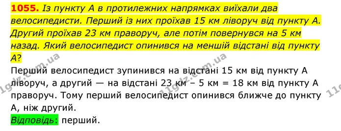 1055. Із пункту А в протилежних напрямках виїхали два велосипедисти. Перший із них проїхав 15 км ліворуч від пункту А. Другий проїхав — ГДЗ Математика 6 клас Тарасенкова 2023 1-2 ч.