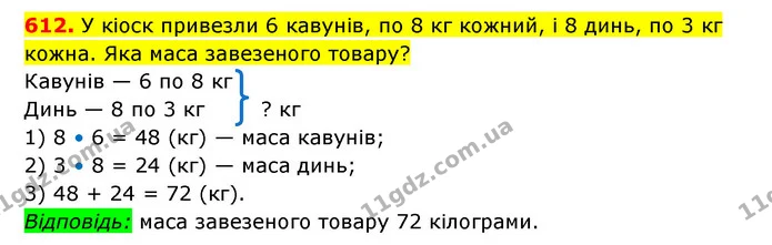 612. У кіоск привезли 6 кавунів, по 8 кг кожний, і 8 динь, по 3 кг кожна. Яка маса завезеного товару? — ГДЗ Математика 3 клас Будна 1-2 ч.