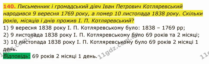 140. Письменник і громадський діяч Іван Петрович Котляревський народився 9 вересня 1769 року, а помер 10 листопада 1838 року. Скільки — ГДЗ Математика 5 клас Істер 2022