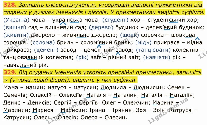 328. Запишіть словосполучення, утворивши відносні прикметники від поданих у дужках іменників і дієслів. У прикметниках виділіть — ГДЗ Українська мова 6 клас Глазова