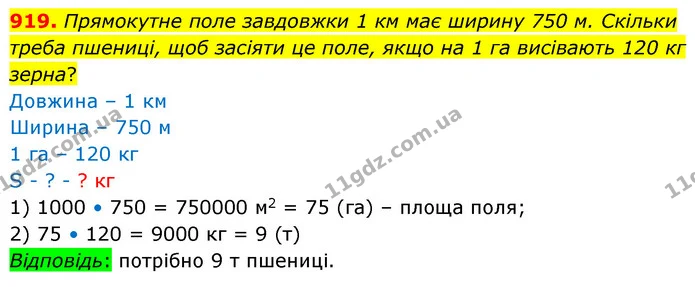 919. Прямокутне поле завдовжки 1 км має ширину 750 м. Скільки треба пшениці, щоб засіяти це поле, якщо на 1 га висівають 120 кг зерна? — ГДЗ Математика 5 клас Бевз