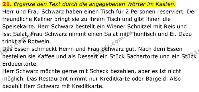 21. Ergänze den Text durch die angegebenen Wörter im Kasten. — ГДЗ робочий зошит Німецька мова 8 клас Басай