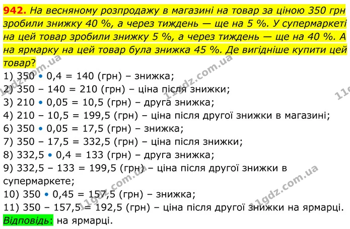 942. На весняному розпродажу в магазині на товар за ціною 350 грн зробили знижку 40 %, а через тиждень — ще на 5 %. У супермаркеті на — ГДЗ Алгебра 7 клас Тарасенкова 2024