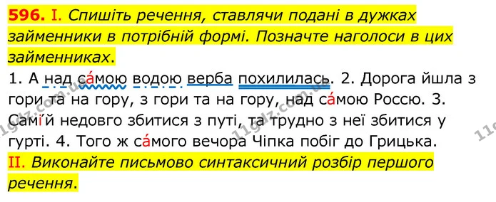 596. І. Спишіть речення, ставлячи подані в дужках займенники в потрібній формі. Позначте наголоси в цих займенниках. — ГДЗ Українська мова 6 клас Заболотний 2020