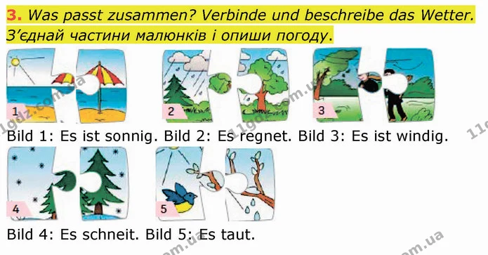 3. Was passt zusammen? Verbinde und beschreibe das Wetter. З’єднай частини малюнків і опиши погоду. — ГДЗ Німецька мова 5 клас Сотникова (1 рік)