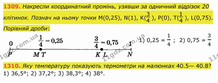 1309. Накресли координатний промінь, узявши за одничний відрізок 20 клітинок. Познач на ньому точки М(0,25), N(1), К(), Р(0), Т() — ГДЗ Математика 5 клас Істер 2022