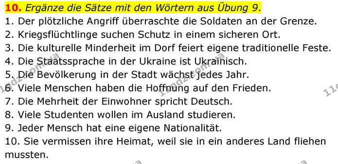 10. Ergänze die Sätze mit den Wörtern aus Übung 9. — ГДЗ робочий зошит Німецька мова 8 клас Басай