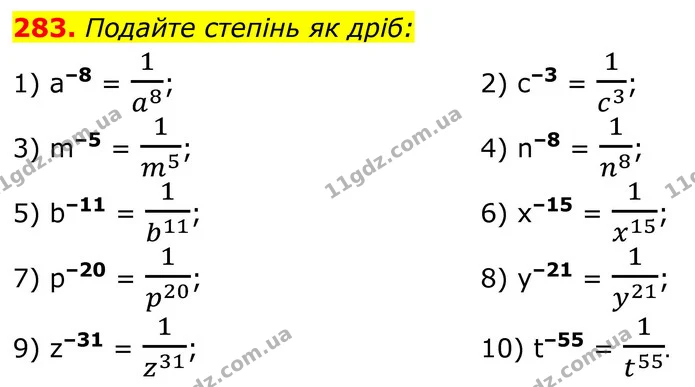 283. Подайте степінь як дріб: — ГДЗ Алгебра 8 клас Тарасенкова