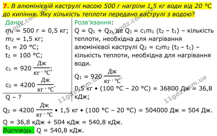 7. В алюмінієвій каструлі масою 500 г нагріли 1,5 кг води від 20 °С до кипіння. Яку кількість теплоти передано каструлі з водою? — ГДЗ Фізика 8 клас Бар'яхтар
