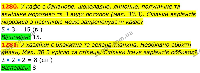 1280. У кафе є бананове, шоколадне, лимонне, полуничне та ванільне морозиво та 3 види посипок (мал. 30.3). Скільки варіантів морозива з — ГДЗ Алгебра 7 клас Бевз
