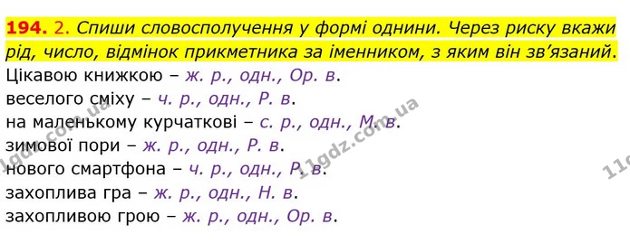 194. 2. Спиши словосполучення у формі однини. Через риску вкажи рід, число, відмінок прикметника за іменником, з яким він зв’язаний. — ГДЗ Українська мова та читання 4 клас Кравцова