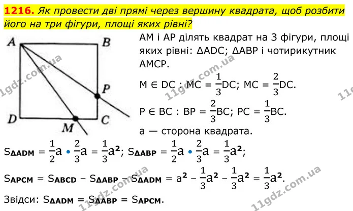 1216. Як провести дві прямі через вершину квадрата, щоб розбити його на три фігури, площі яких рівні? — ГДЗ Геометрія 8 клас Бевз