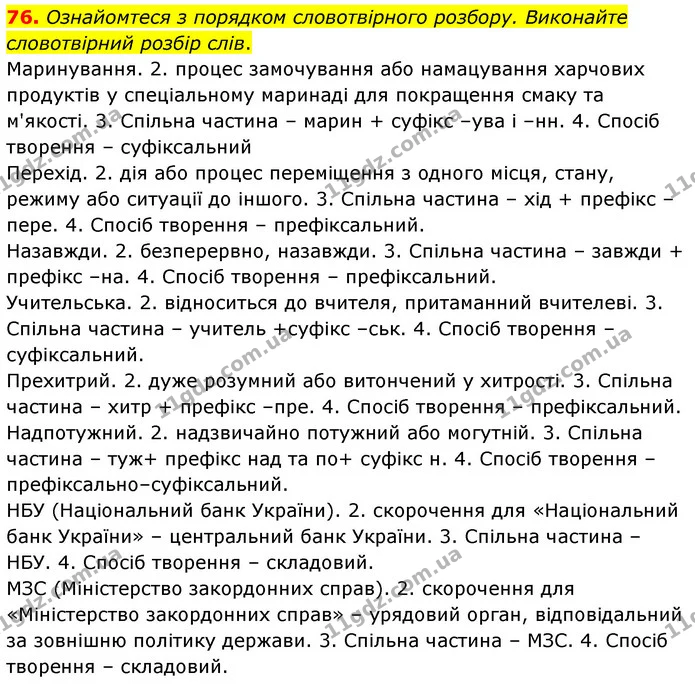 76. Ознайомтеся з порядком словотвірного розбору. Виконайте словотвірний розбір слів. — ГДЗ Українська мова 6 клас Голуб 2023