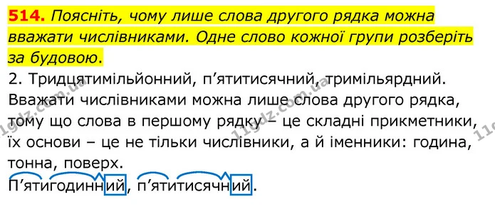 514. Поясніть, чому лише слова другого рядка можна вважати числівниками. Одне слово кожної групи розберіть за будовою. — ГДЗ Українська мова 6 клас Заболотний 2020