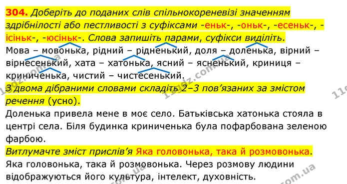 304. Доберіть до поданих слів спільнокореневізі значенням здрібнілості або пестливості з суфіксами -еньк-, -оньк-, -есеньк-, -ісіньк — ГДЗ Українська мова 5 клас Глазова 2022