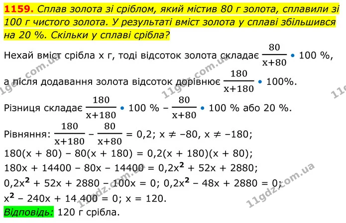 1159. Сплав золота зі сріблом, який містив 80 г золота, сплавили зі — ГДЗ Алгебра 8 клас Бевз