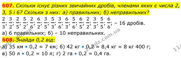 607. Скільки існує різних звичайних дробів, членами яких є числа 2, 3, 5 і 6? Скільки з них: а) правильних; б) неправильних? — ГДЗ Математика 6 клас Бевз 1-2 ч.