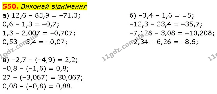 550. Виконай віднімання — ГДЗ Математика 6 клас Бевз 1-2 ч.