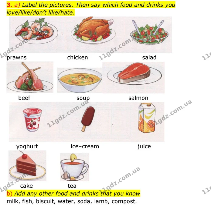 3. a) Label the pictures. Then say which food and drinks you love/like/don’t like/hate. — ГДЗ Робочий зошит Англійська мова 6 клас Карпюк