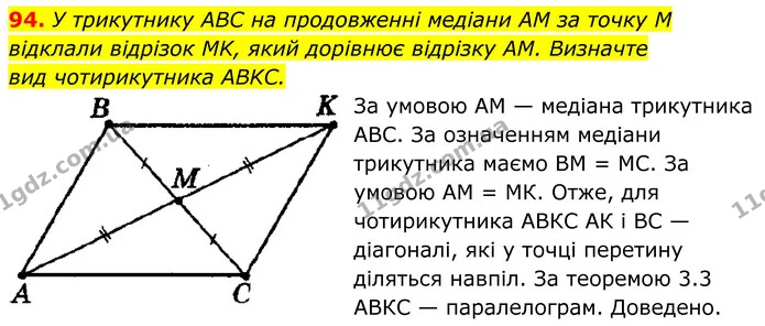 94. У трикутнику ABC на продовженні медіани AM за точку M — ГДЗ Геометрія 8 клас Мерзляк