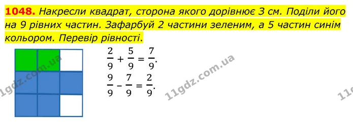1048. Накресли квадрат, сторона якого дорівнює З см. Поділи його на 9 рівних частин. Зафарбуй 2 частини зеленим, а 5 частин синім — ГДЗ Математика 5 клас Бевз