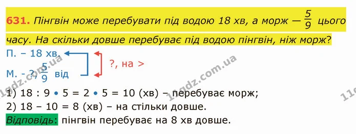 631. Пінгвін може перебувати під водою 18 хв, а морж — цього часу. На скільки довше перебуває під водою пінгвін, ніж морж? — ГДЗ Математика 4 клас Заїка