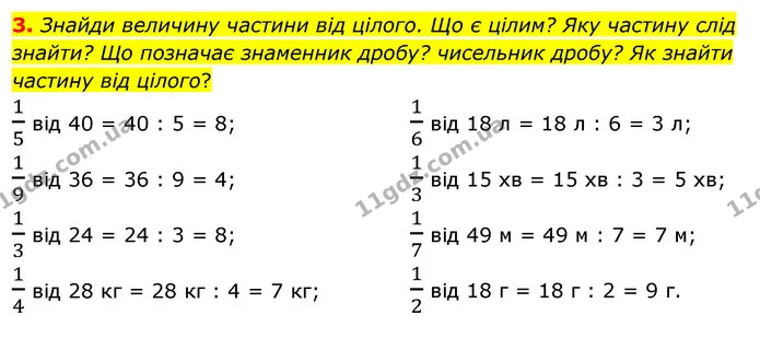 3. Знайди величину частини від цілого. Що є цілим? Яку частину слід знайти? Що позначає знаменник дробу? чисельник дробу? Як знайти — ГДЗ Математика 3 клас Скворцова 1-2 ч.