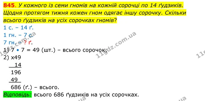845. У кожного із семи гномів на кожній сорочці по 14 ґудзиків. Щодня протягом тижня кожен гном одягає іншу сорочку. Скільки всього — ГДЗ Математика 3 клас Бевз 2 частина
