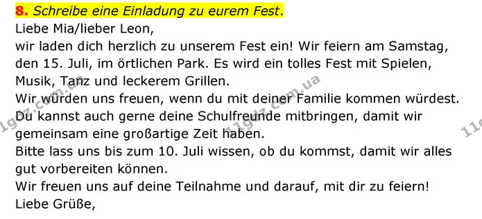8. Schreibe eine Einladung zu eurem Fest. — ГДЗ Німецька мова 6 клас Сотникова 2 рік (2023)