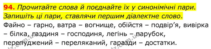 94. Прочитайте слова й поєднайте їх у синонімічні пари. Запишіть ці пари, ставлячи першим діалектне слово. — ГДЗ Українська мова 6 клас Заболотний 2020