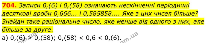 704. Записи 0,(6) і 0,(58) означають нескінченні періодичні десяткові дроби 0,666... і 0,585858.... Яке з цих чисел більше? Знайди таке — ГДЗ Алгебра 8 клас Бевз