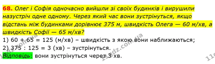 68. Олег і Софія одночасно вийшли зі своїх будинків і вирушили назустріч одне одному. Через який час вони зустрінуться, якщо відстань — ГДЗ Математика 5 клас Кравчук