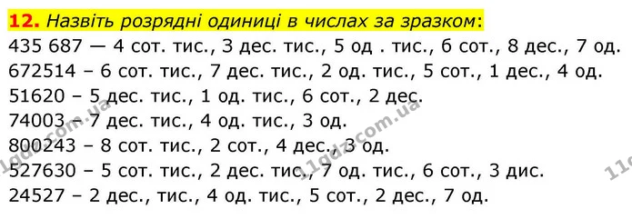 12. Назвіть розрядні одиниці в числах за зразком: — ГДЗ Математика 4 клас Логачевська 1 та 2 частини
