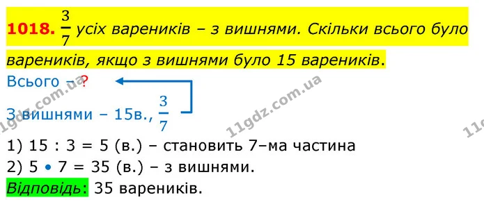 1018. 37 ycix вареникiв – з вишнями. Скiльки всього було вареникiв, якщо з вишнями було 15 вареникiв. — ГДЗ Математика 5 клас Бевз
