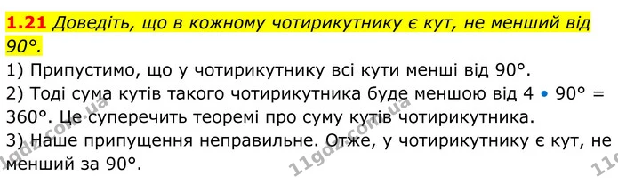 1.21 Доведіть, що в кожному чотирикутнику є кут, не менший від 90°. — ГДЗ Геометрія 8 клас Істер