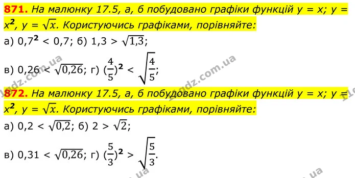 871. На малюнку 17.5, а, б побудовано графіки функцій у = х; у = х2, y = x. Користуючись графіками, порівняйте: — ГДЗ Алгебра 8 клас Бевз